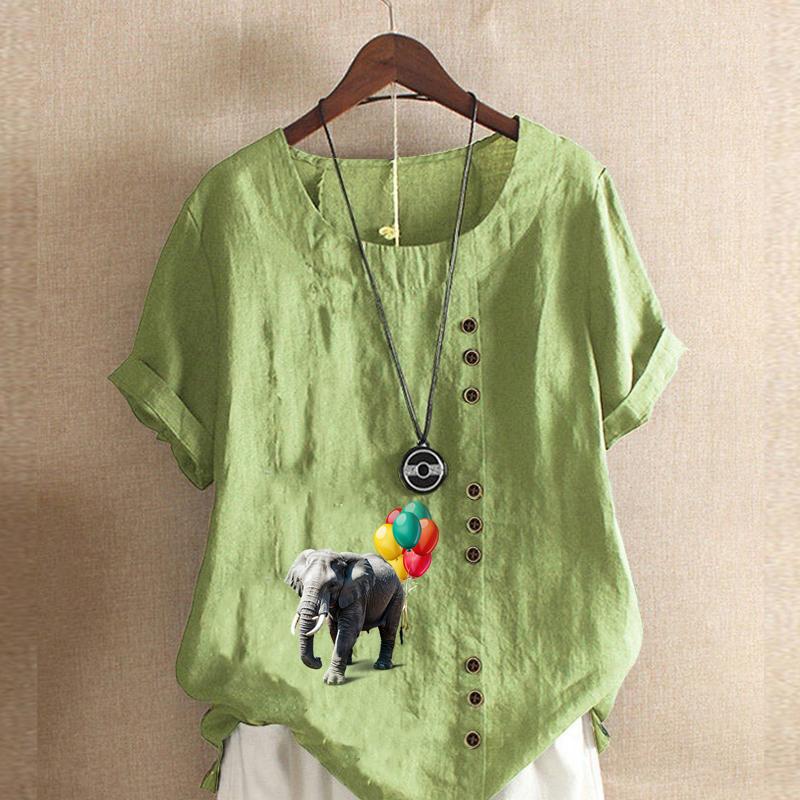 

Женская модная футболка с круглым вырезом и короткими рукавами с принтом слонов, повседневная хлопково-льняная рубашка с рисунком, свободная летняя блузка для отдыха, топы 5XL зелёный