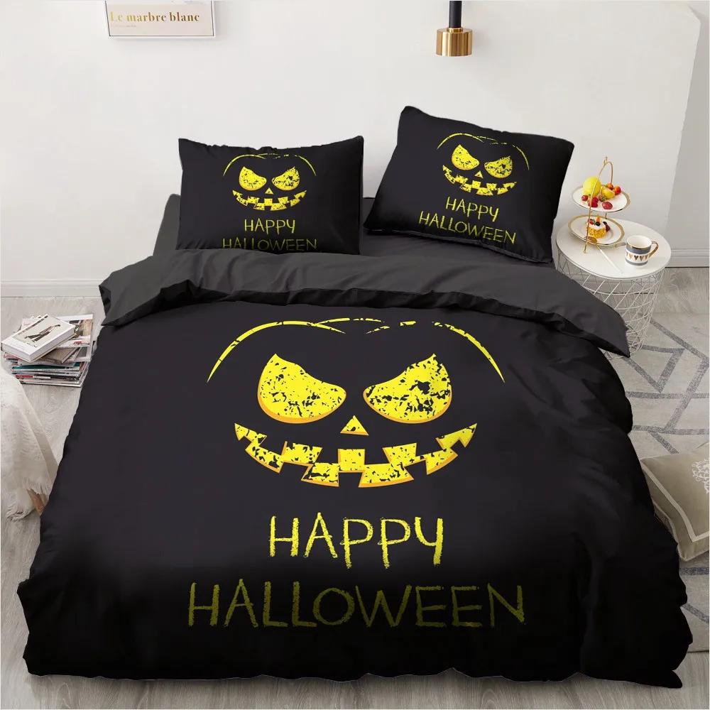 Halloween King Queen Duvet Cover Kawaii Black Cartoon Dryad Ghost Bedding Set For Kids Boys Pumpkin 2/3Pcs Polyester Quilt Cover