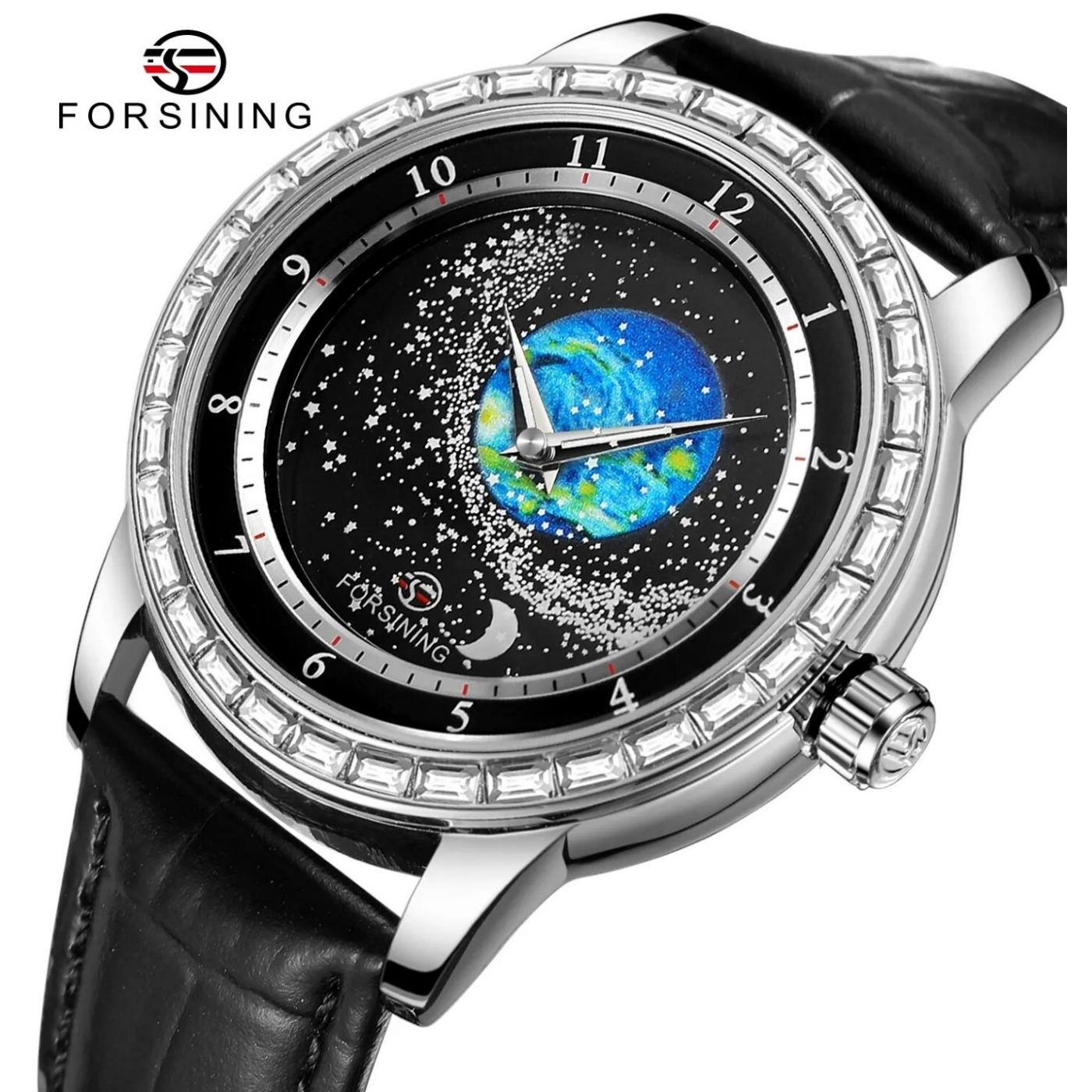 

Forsining Automatic Watch Men s Blue Leather Strap Automatic Surface Luminous Mechanical Clock Men s Gifts чёрный