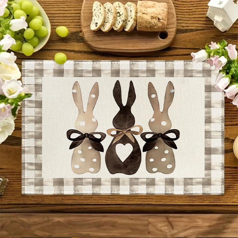 4pcs or 6pcs Easter Bunny Placemats Suitable for Dining Table - Farmhouse Spring Table Decor with Rabbit & Plaid Patterns, Polyester Rectangular Table