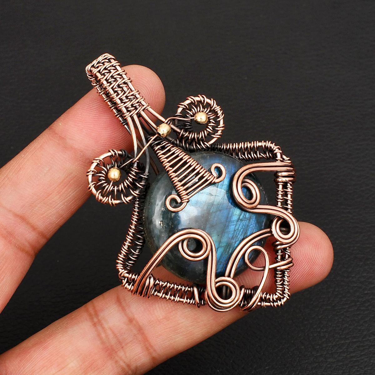 

Handmade Copper Wire Wrapped Labradorite Gemstone Pendant Blue Fire Gemstone Pendant Unique Boho Artisan Jewelry for Women & Men