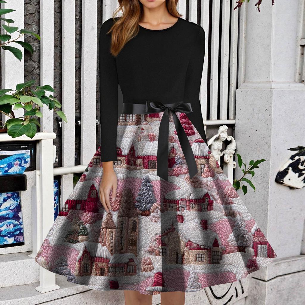 Women's Fashion Round Neck Slim-Fit Christmas Print Long-Sleeved Dress