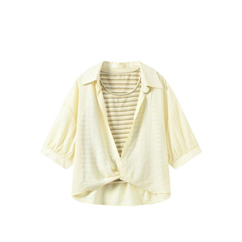 

Cara Club Plus size Shoulder Short sleeve Shirts Women Early Summer Wear Fat Sister Versatile Slimming Fake Two Pieces Top Yellow M
