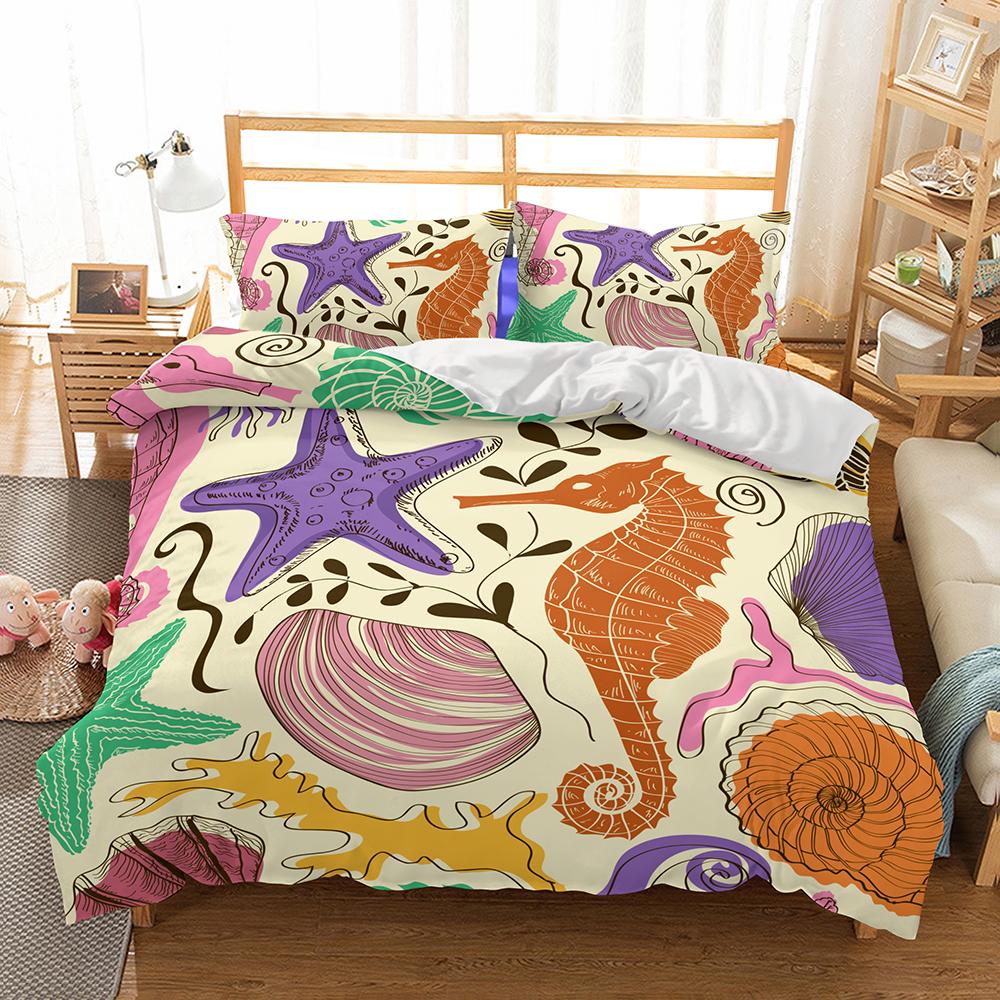 

Пододеяльник «Морские организмы», Бело-синий комплект постельного белья с морским коньком, морской звездой, океаном, ракушками, морскими водорослями, пододеяльник с наволочками EU single(135x200cm)