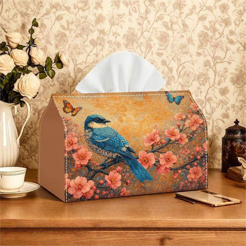 1pc 2D Flat Printed Floral, Bird, and Butterfly Vintage Style Tissue Box, Suitable for Living Room, Bedroom, Study, Dining Room, Polyester Material, L