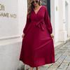 QICED Women's Fashion Autumn Winter Solid Color Print Long Sleeve V-Neck High Waist Casual Dresses