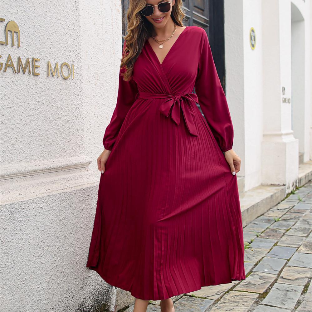 QICED Women's Fashion Autumn Winter Solid Color Print Long Sleeve V-Neck High Waist Casual Dresses