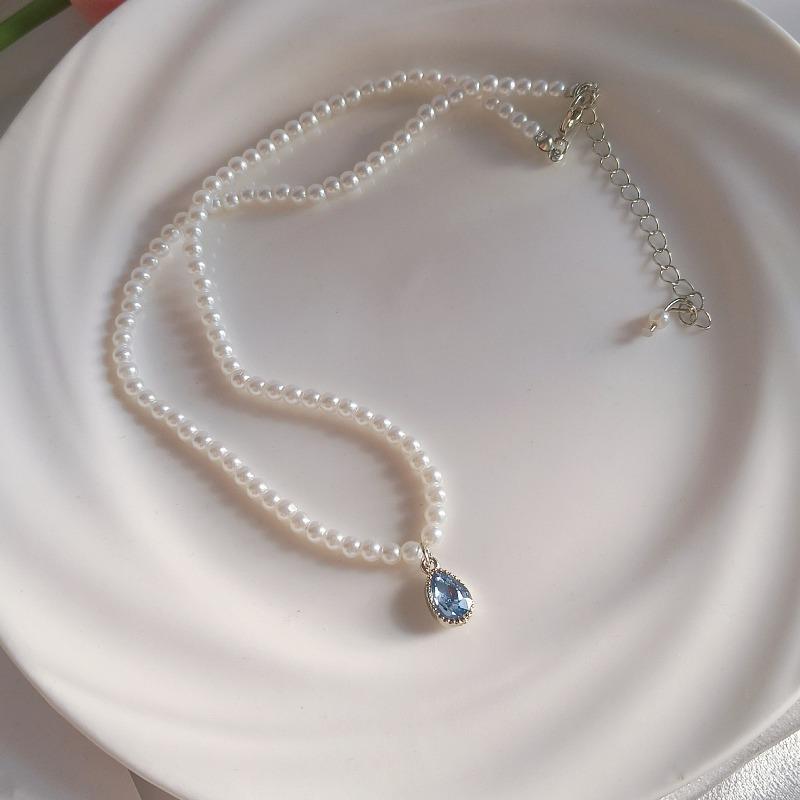 

Court Pearl Necklace Women s Luxury Versatile Elegant Rare Design Lockbone Chain Accessory Blue water droplet