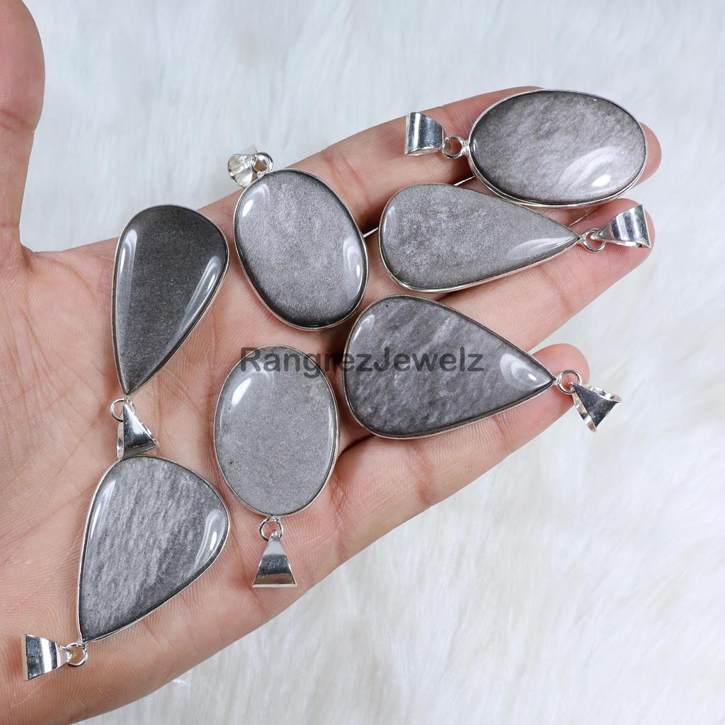 Natural Silver Sheen Obsidian Pendant Bulk Wholesale Bezel Pendant Necklace Making For Silver Jewelry Supply 925 Sterling Silver Pendant