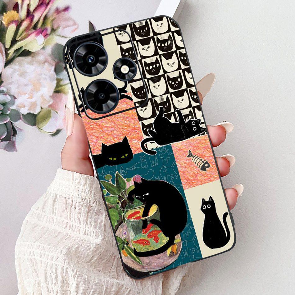 For Infinix Hot 30 Play 30i Hot30 4G Elegant Floral Cat Phone Case For Infinix Hot 30 30Play Hot30i Black Silicone Soft Cases