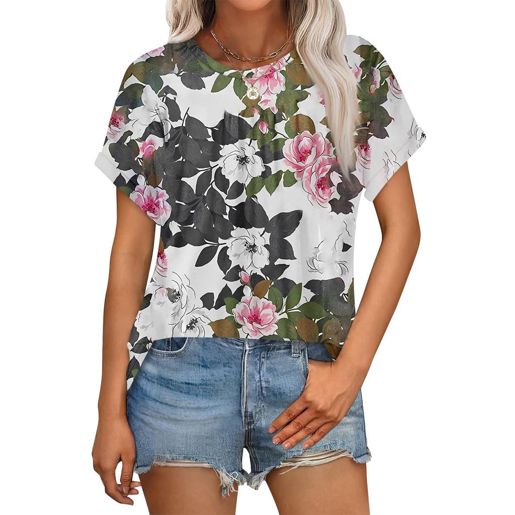 Women's Casual Fashion Round Neck Rolled Hem Short Sleeve Floral Top