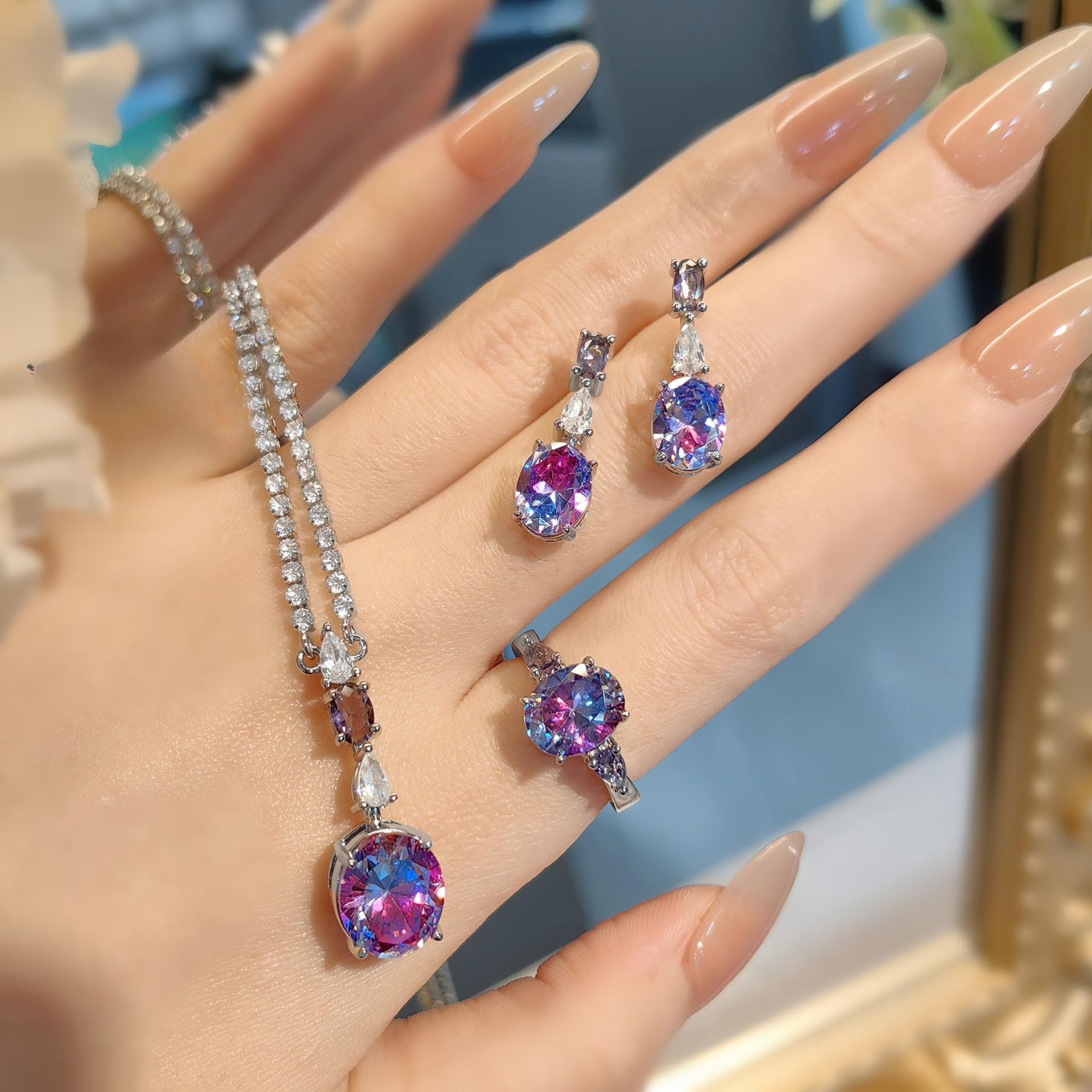 Мода 2025 Ожерелье-подвеска с инкрустацией цирконами, Серьги с цветными бриллиантами, Кольцо с цветными бриллиантами 45CM