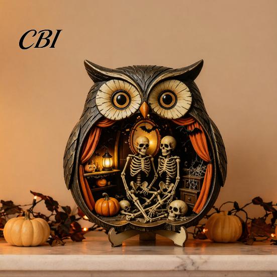 Vintage Wood Halloween Wooden Owl Tabletop Centerpiece, 2D Flat Pumpkin Ghost Bat Art Skeleton Standing Table Sign for Party, Shelf, Desk Decor Shelf