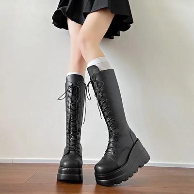 Botas femininas de alta qualidade 2024 outono inverno novo elegante cadarço punk knight botas plataforma cunha preto botas altas para mulheres