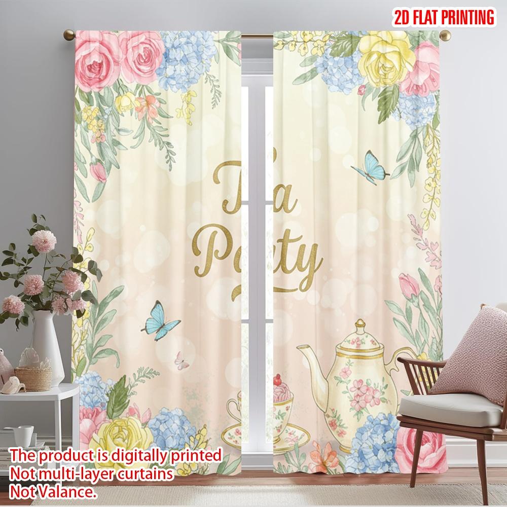 

2pcs 2D flat printing Window Treatment Curtains Tea Party Floral Butterflies Polyester Without Electricity Festive Holiday Use 52.50×116.00 CM 2pcs
