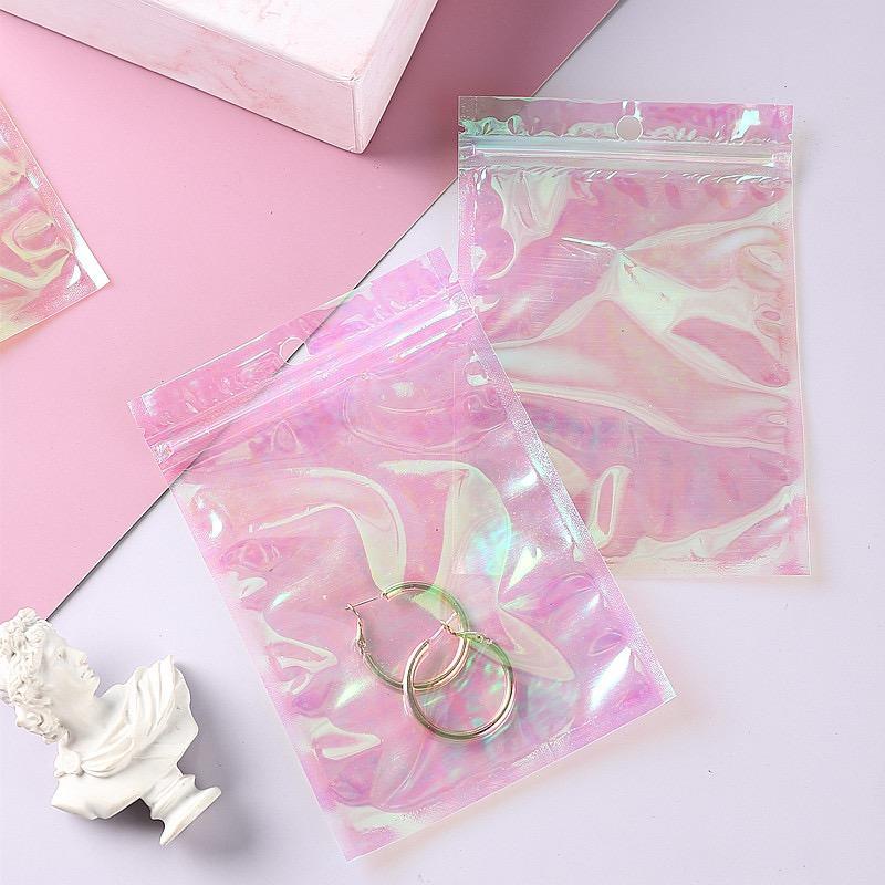 Transparent Mylar Holographic Bags Iridescent Zip Bags Cosmetic Jewelry Holographic Pouches Pink Rainbow Zipper Bags