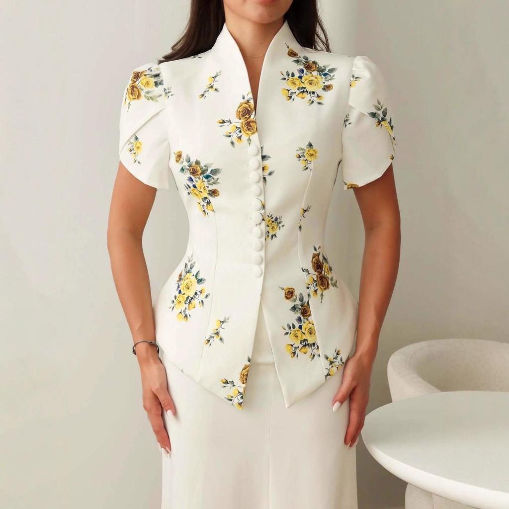 2025 Summer Floral Semi-High Collar Short Sleeve Bodycon Skirt Set