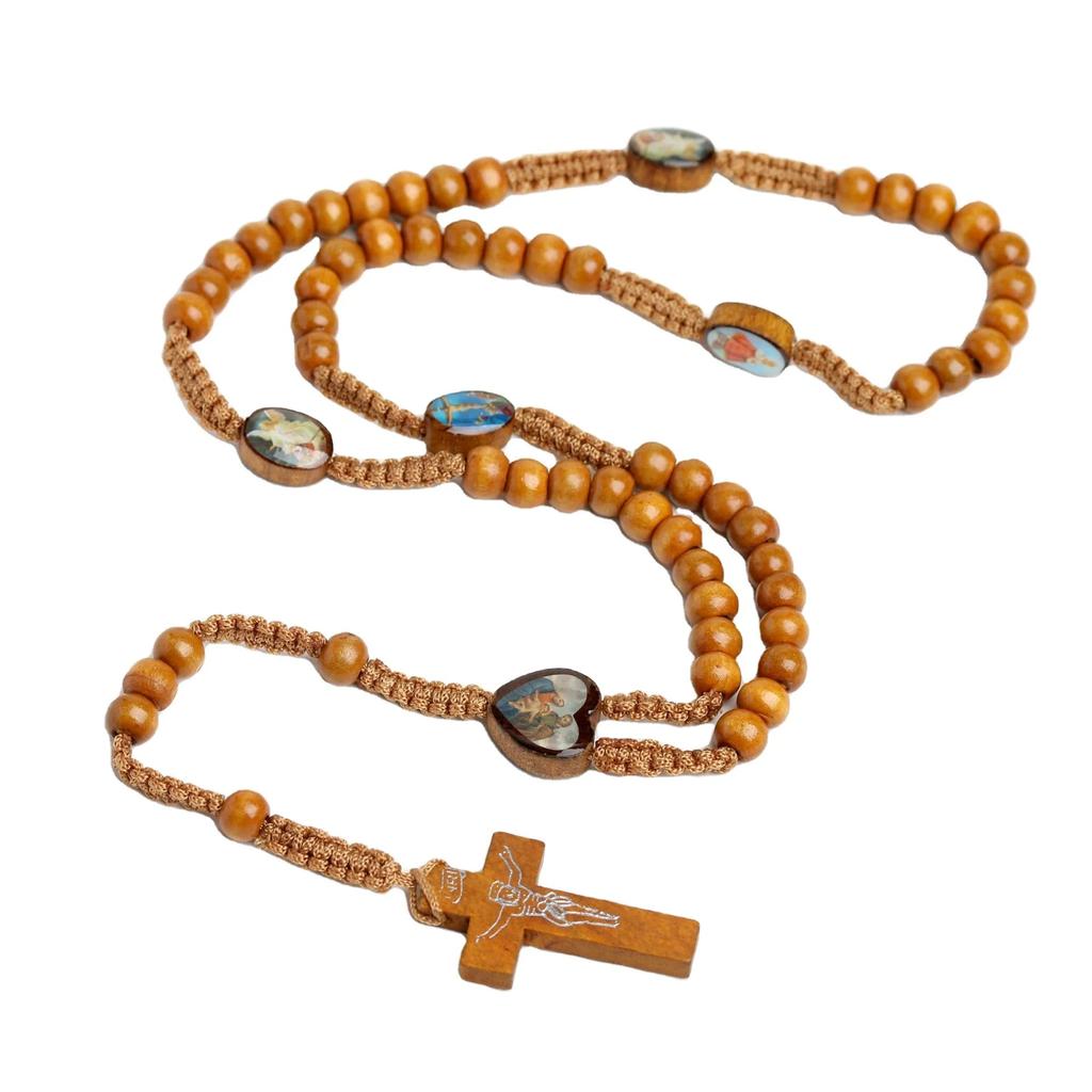 Wooden Beads Cord Rosary St Benedict Medal Jesus Cross Car Pendant Necklace Catholic Fashion Religious Jewelry Auto Decor