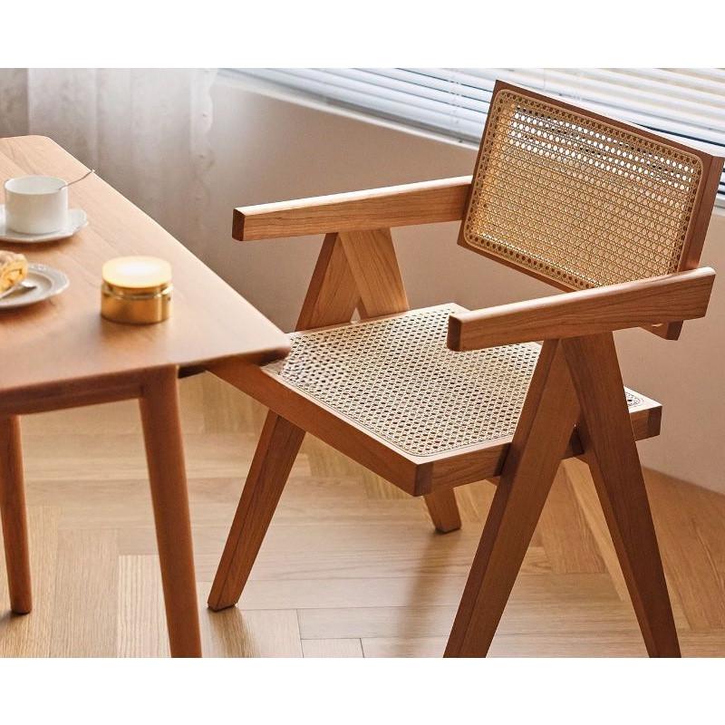 Mid-Century Rattan Chairs Living Room & Kitchen Wooden Chair with Hand-Woven Rattan Backres Home Leisure Chair