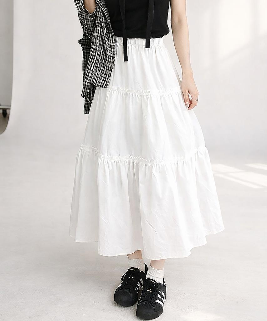 Np Studio Frill Tiered Elastic Shirring Long Can-Can Skirt White