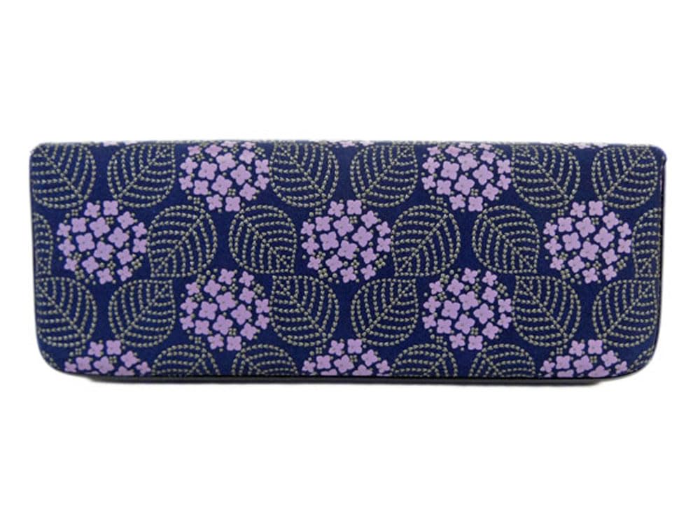 Large Hard Eyeglass Inden Navy Blue Deerskin with Gray Purple Chintz Hydrangea Pattern [Inden-ya] Case, 8007, Misono, Lacquer, Design,