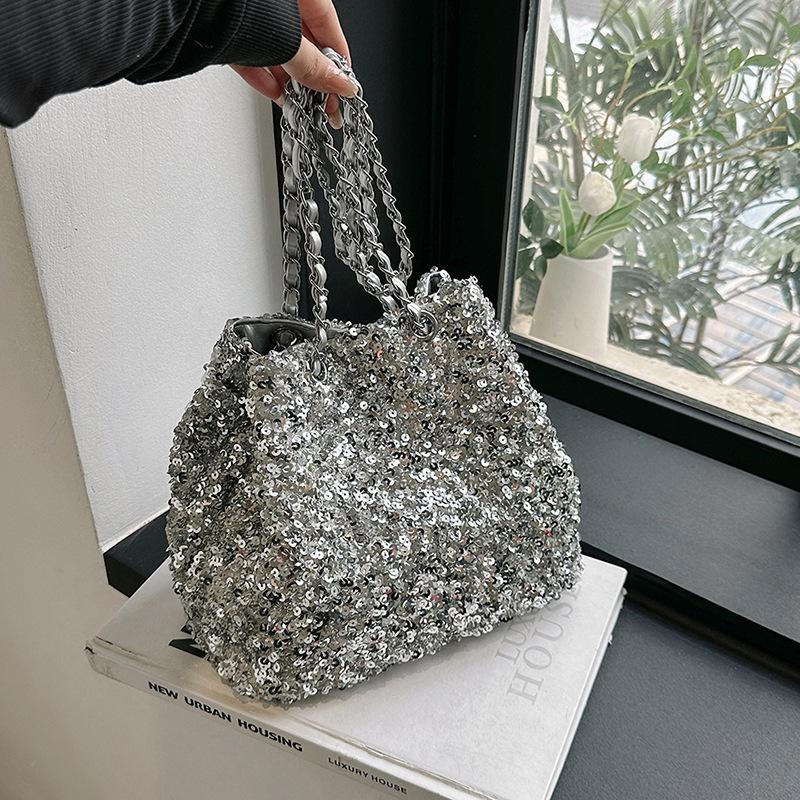 Fashion sequined chain portable bucket bag women's 2026 spring new texture casual shoulder armpit bag