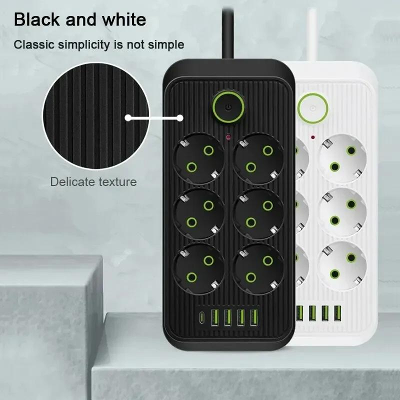 EU Plug AC Outlets Multitap Socket Electrical Power Strip With USB Type C Fast Charging Network Filter Adapter 2M Extension Cord