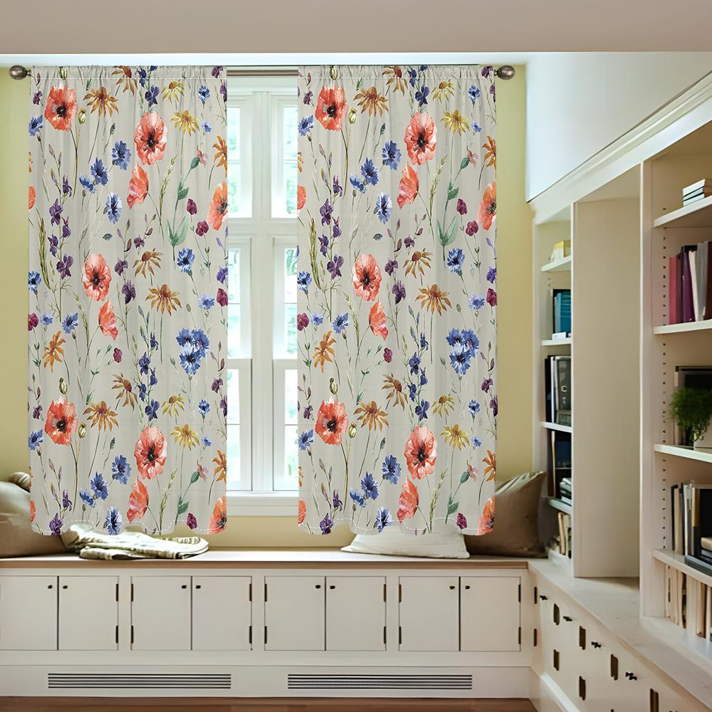 2Pcs Painted Wildflower Curtains Spring Floral Pattern Living Room Bedroom Kids Room Sunshade Country Style Decor Curtains
