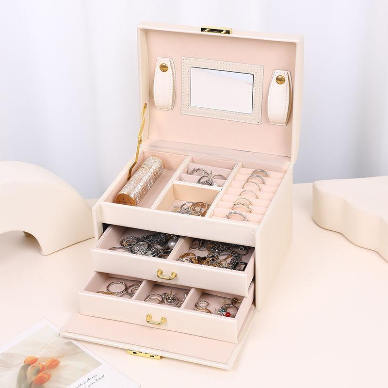 PU Leather Three-layer Locking Jewelry Box Handheld Storage Box Simple and Convenient Jewelry Box