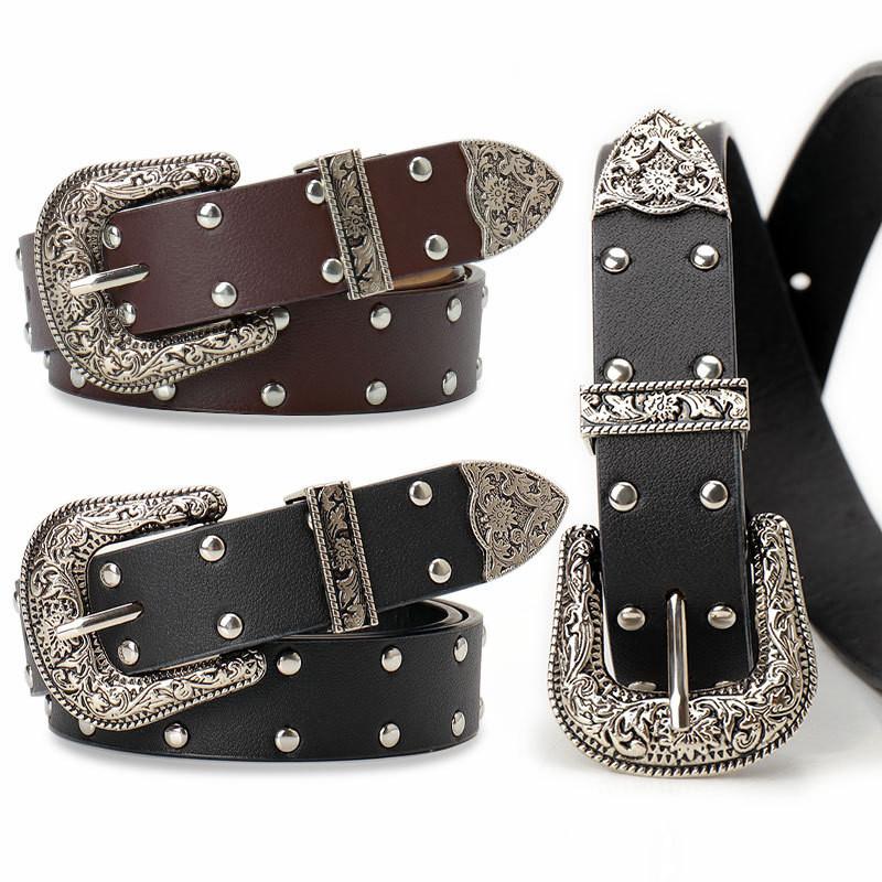 Y2k Vintage Faux Leather Belt With Alloy Buckle And Decorative Studs For Jeans And Outfits
