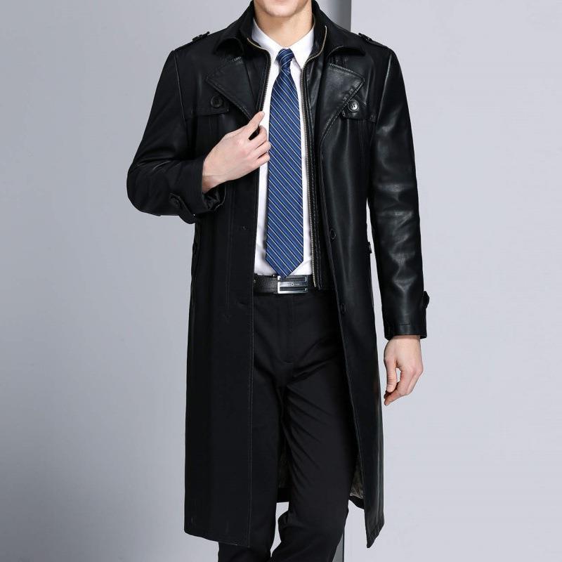 Chaqueta de Cuero para Hombre en Otoño e Invierno Nuevo Estilo Chaqueta de Cuero de Oveja para Padre de Mediana Edad Chaqueta Cortavientos Larga de Cuero con Cuello de Traje para Hombre