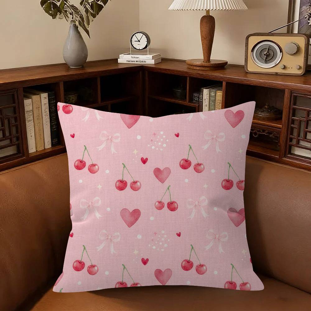 Art Pink Bow Cherry Lovely Kawaii Cushion Cover Inches Farmhouse Decor Home Throw Pillow Covers For Couch Decorations