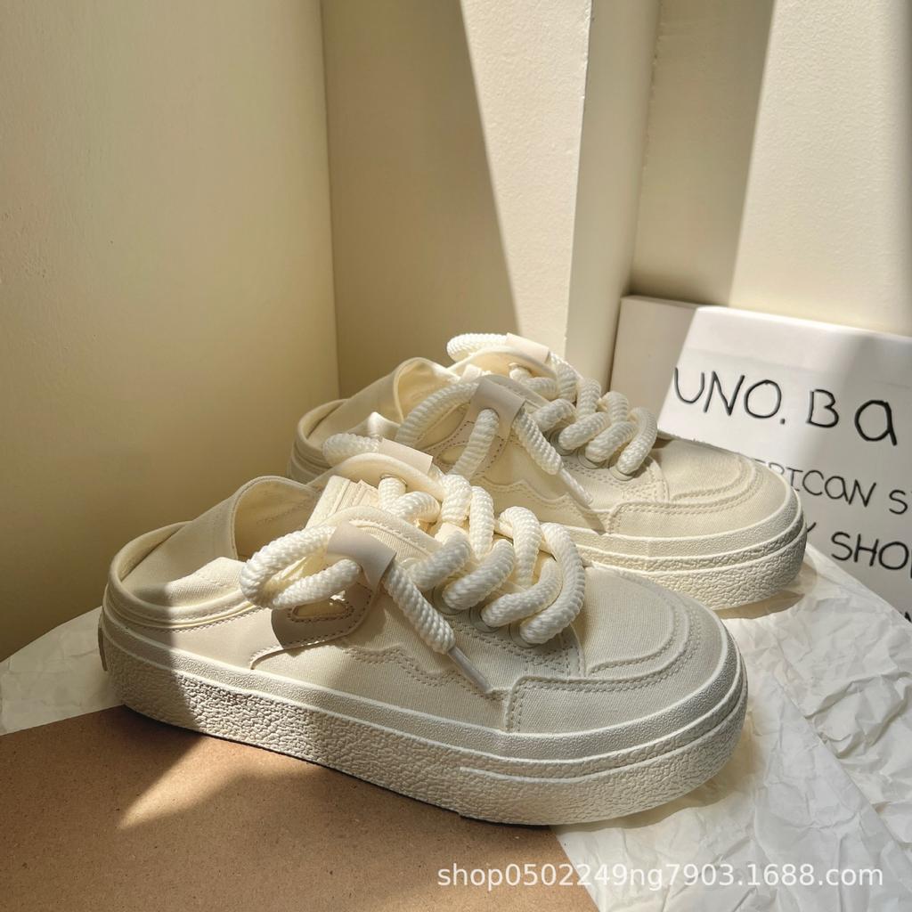 Heel can be stepped on half-drag canvas shoes women's 2025 summer niche original versatile white shoes with skirts women's shoes Korean version