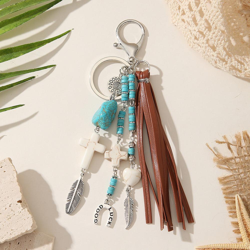 Boho Western Feather Cross Pendant Keychain With Handcrafted Wool For Casual Use