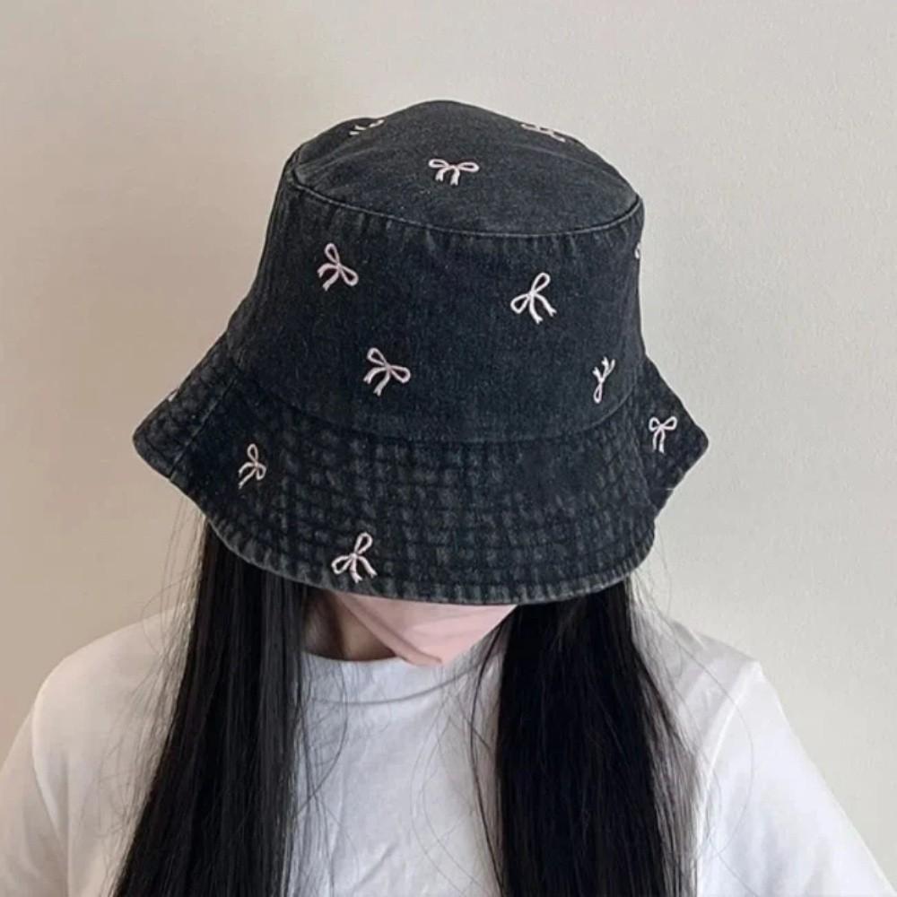 Outdoor Bowknot Cowboy Fisherman Hat Big Brimmed Covering Basin Hat Y2K Denim Bucket Hat Lady