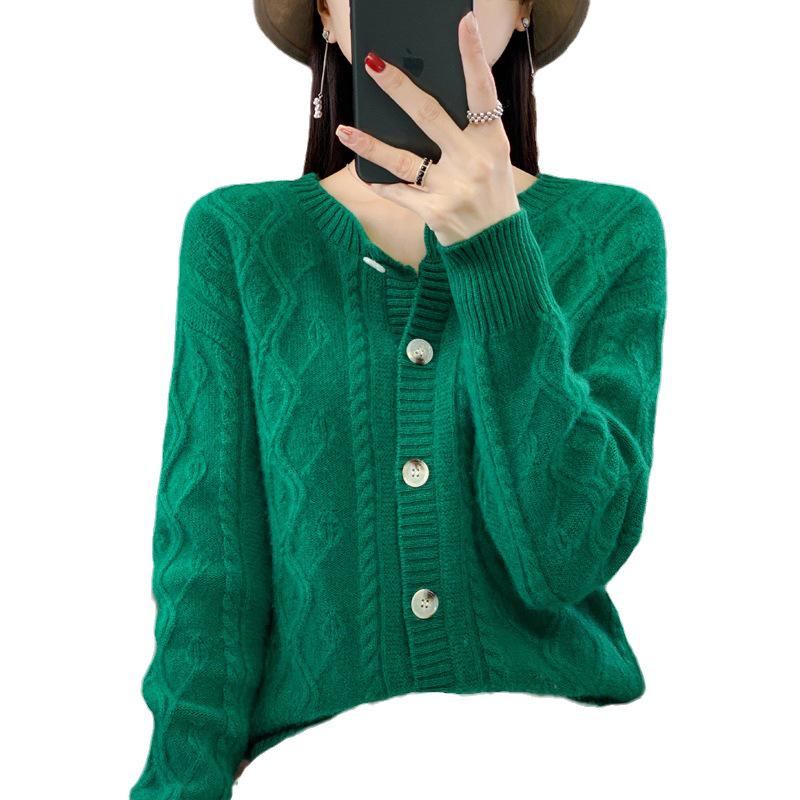 2023 Women's Cable Knit Wool Cardigan - 100% Pure, Loose Fit Autumn/Winter Outerwear