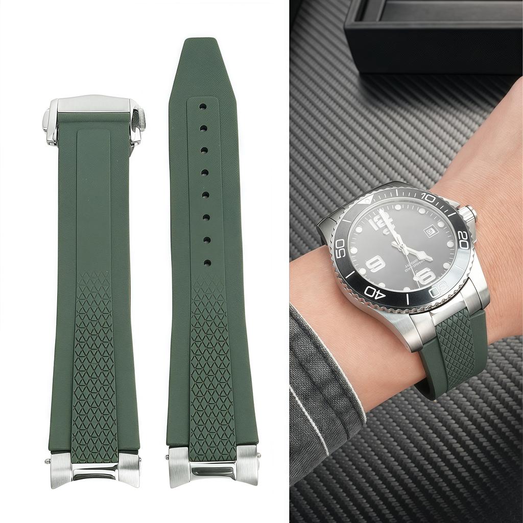 21mm Fluorous Rubber Watchband for Longines Hydroconquest L3.781/L3.883.4 Conquest Sports Diving Watch Strap+Metal Interface