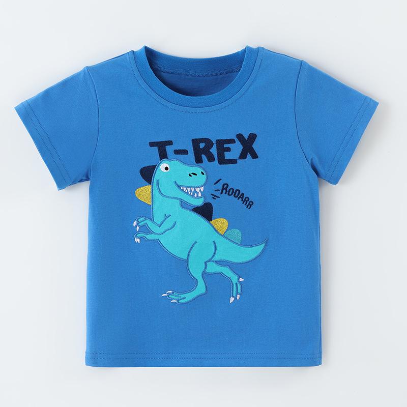 

Children s Fashion: Boys Short-Sleeved T-Shirt with Dinosaur Cartoon Embroidery – Children s Round-Neck Pullover 90cm(2-3Y) павлин голубой