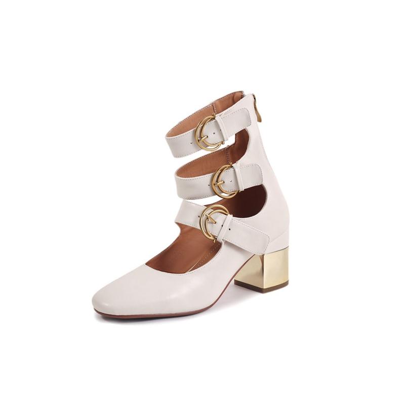 

Fashion Women s new leather, cowhide, metal elastic belt buckle, round toe high heels, fashion single shoes, work shoes, Roman shoes 220 бежевый