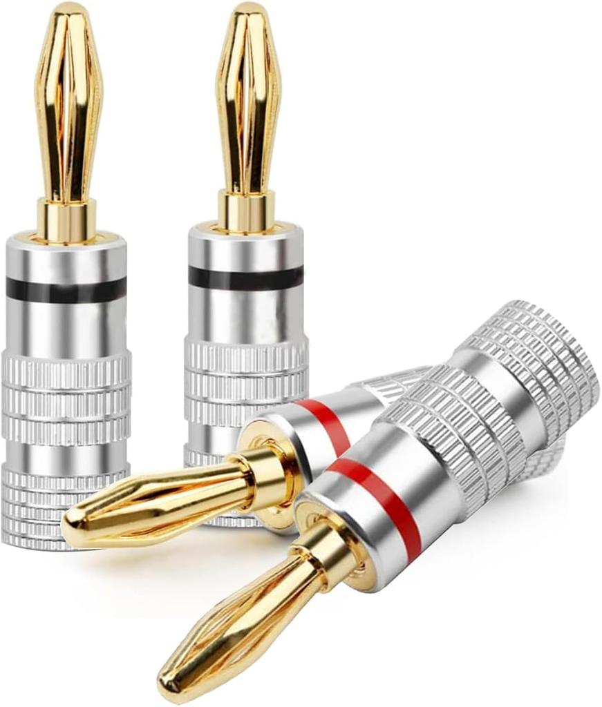 Banana Plugs 2 Pair/ 4 Pcs, 24K Gold Plated Dual Screws Jack Connectors for Amplifier, Speakers, Receiver