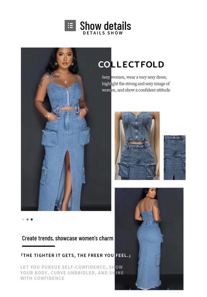 Stylish Denim Suit with Exposed Navel Zipper Top & Multi-Pocket Split Long Skirt