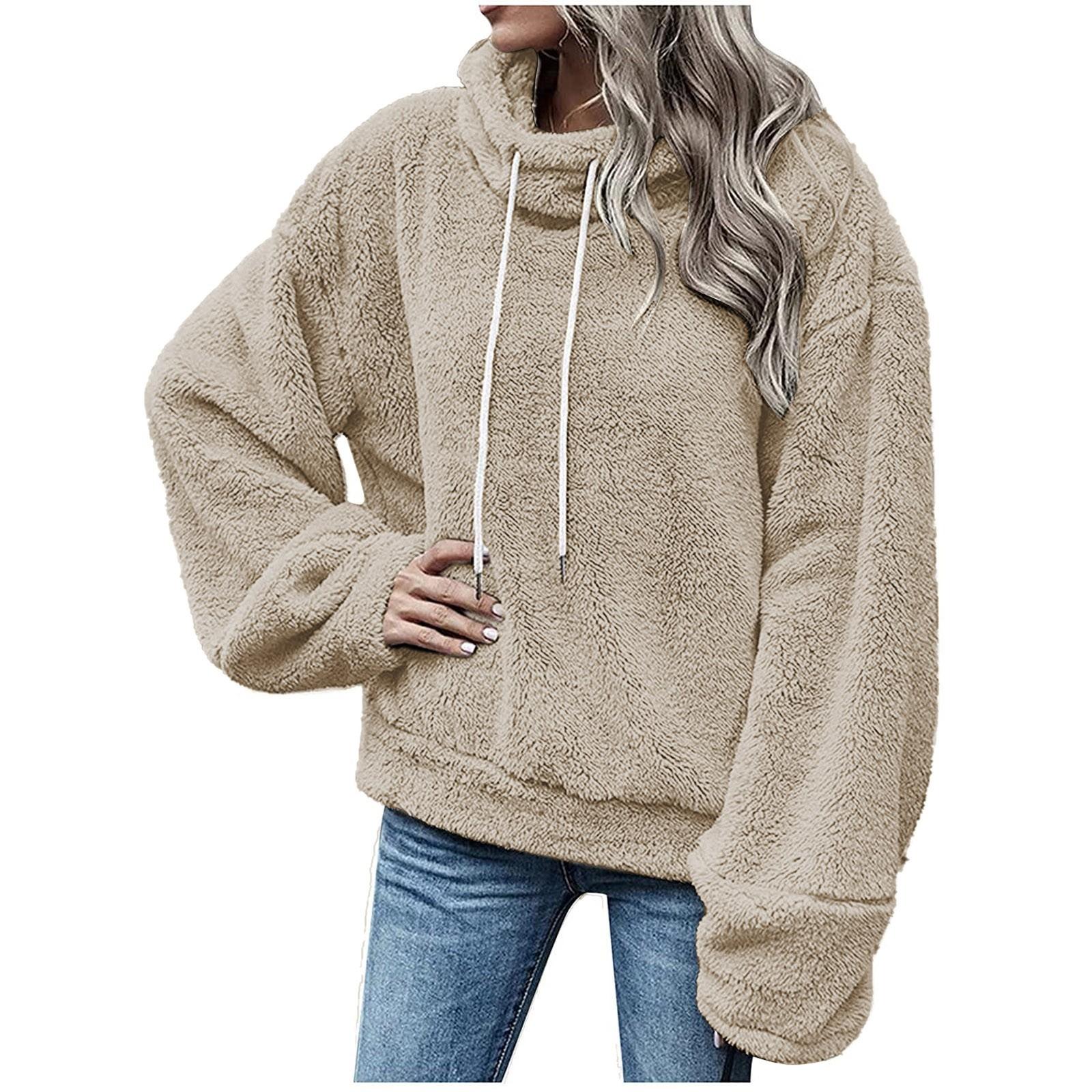 

Женская мода для отдыха, однотонный пуловер с длинными рукавами и плюшевым пальто на шнурке, верх S белый