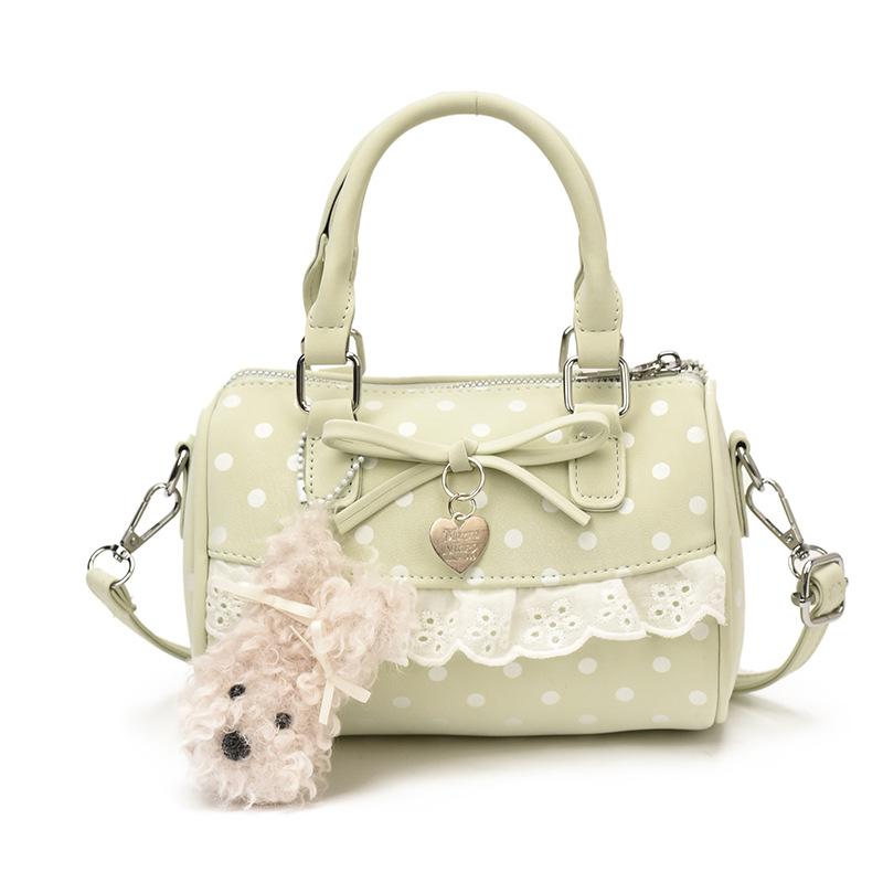 Retro Polka Dot Bow Boston Bag Korean Lace Embroidery Trim Crossbody Bag Women Cute Lolita Zippered Handbag With Pendant