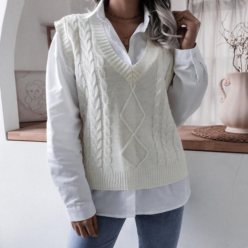 Women Spring Fall Knitted Vest Sweater Jumper Pullovers Top V-neck Twist Collar Sleeveless Loose Waist Solid Color S-L