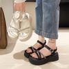 Platform-soled Muffin Fairy Rhinestone Cross-elastic Strap Sandals 2025 Summer Wear Versatile High-heeled Women's Shoes