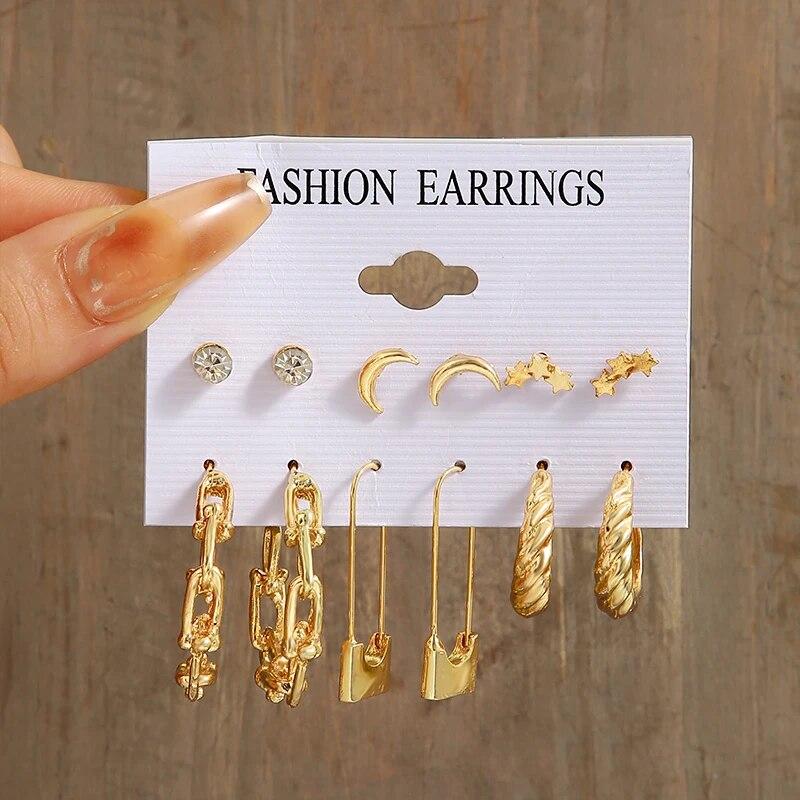17KM Vintage Gold Color Hoop Earrings Set Pearl Metal Dangle Earrings for Women Crystal Twist Earrings Trendy Fashion Jewelry