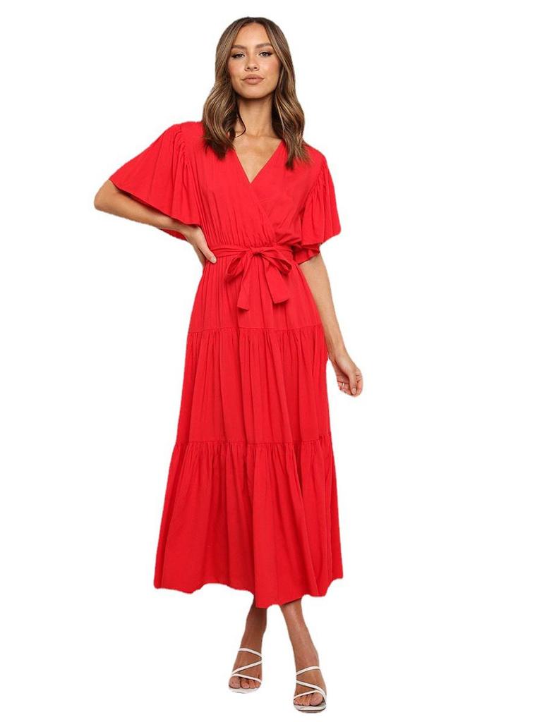 Böhmisches V-Ausschnitt Druck Kurzarm Taillenbetontes Langes Kleid Verfügbar