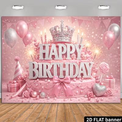 2D Flat Printing Birthday Backdrop, Pink & Sparkly Party Background