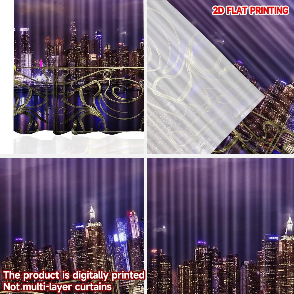 2D flat printing 2pcs Curtain Cityscape Night View Digital Printed Polyester Drapes Family Party for All Occasions for Bedroom