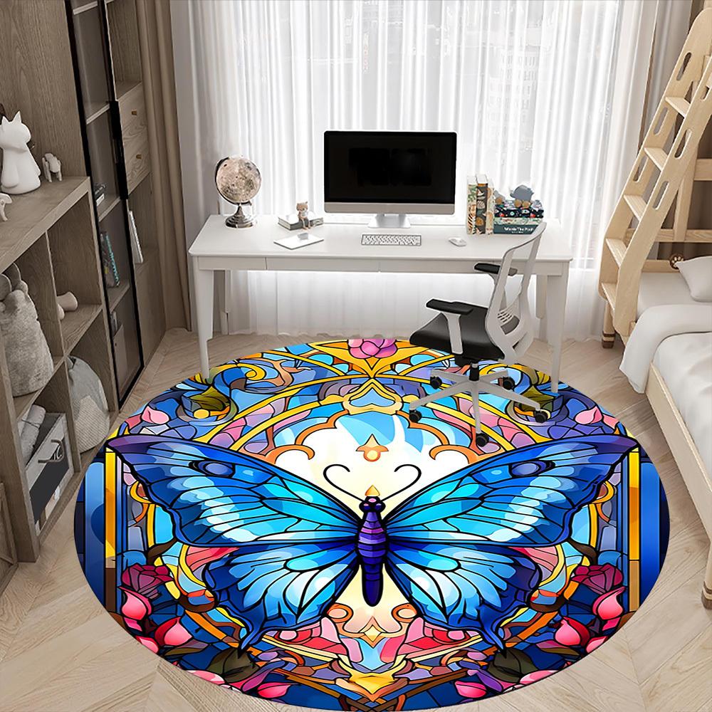 1pc Butterfly StainedGlass Office Round Area Rug, Under Office Chairs Bedroom Living Room Home Decor, Room Deco